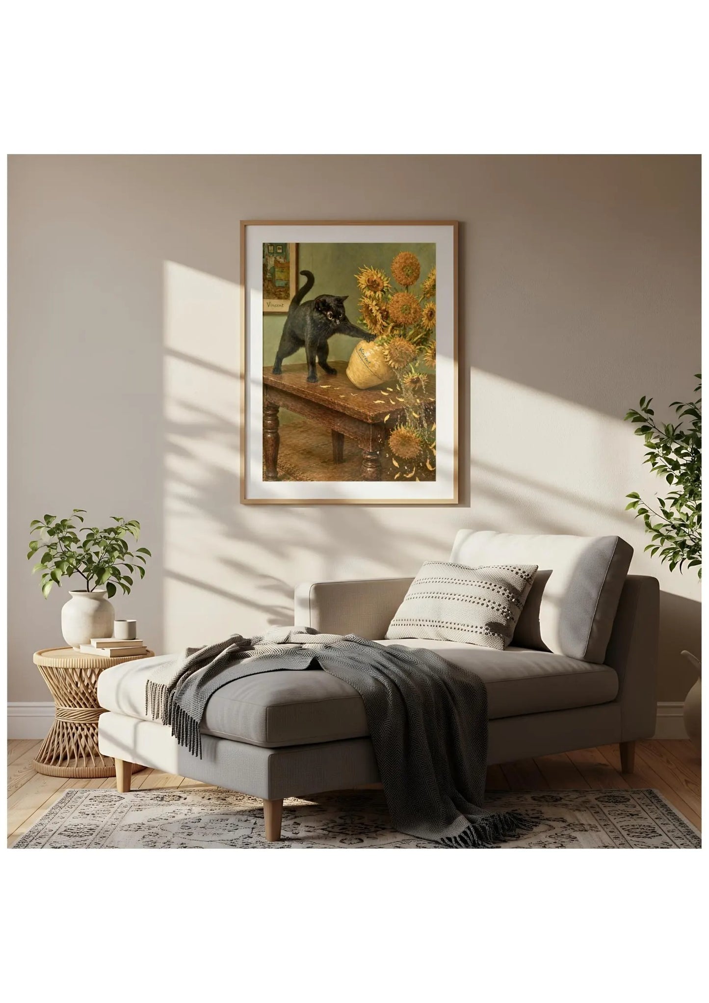 Black Cat Sunflowers Canvas, Van Gogh Style Floral Cat Print