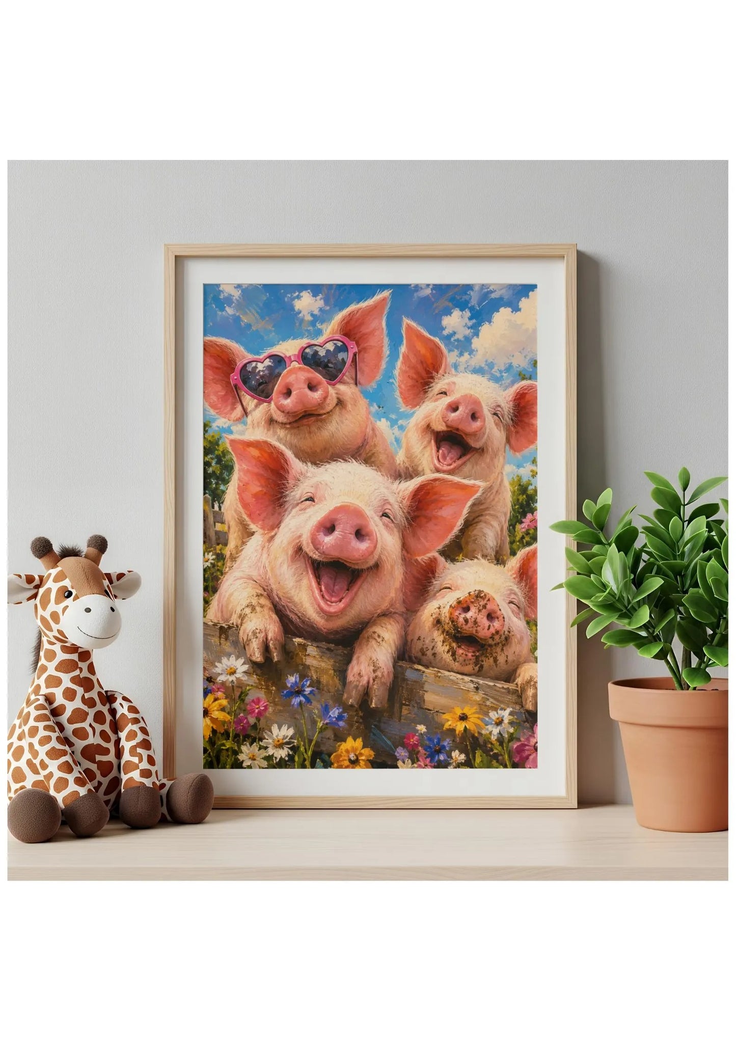 Four Silly Pigs Canvas Wall Art, Whimsical Farm Animal Print