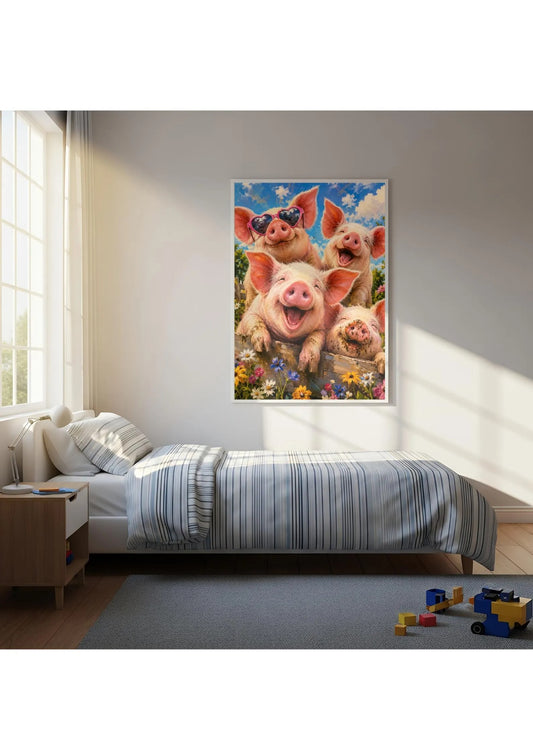 Four Silly Pigs Canvas Wall Art, Whimsical Farm Animal Print