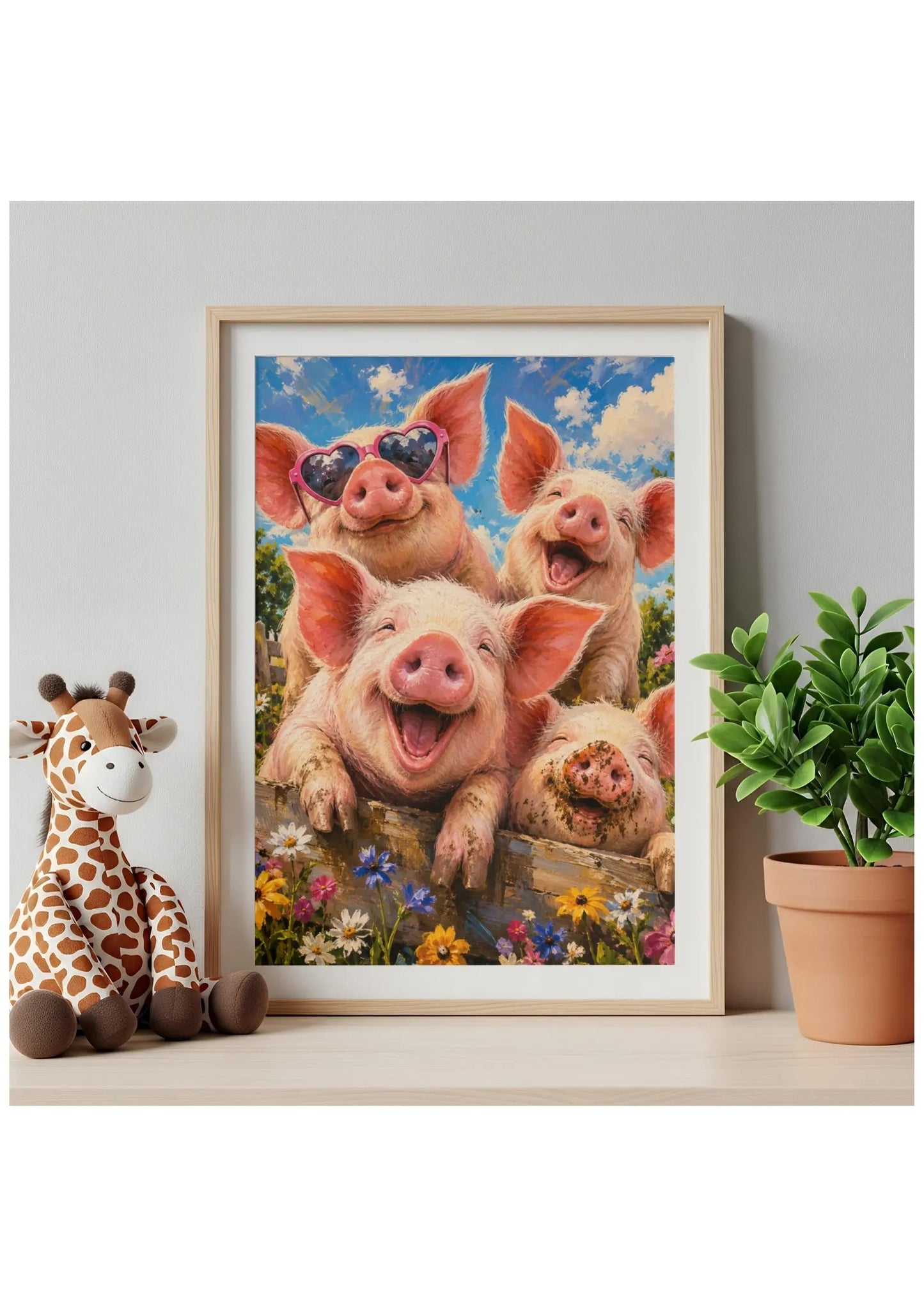 Four Silly Pigs Canvas Wall Art, Whimsical Farm Animal Print