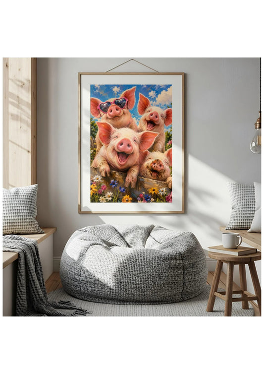 Four Silly Pigs Canvas Wall Art, Whimsical Farm Animal Print
