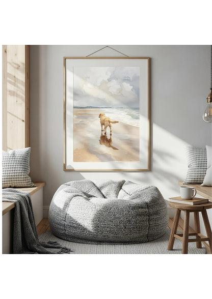 Yellow Labrador Beach Canvas, Coastal Dog Wall Art, Sunny Coastal Nursery Decor