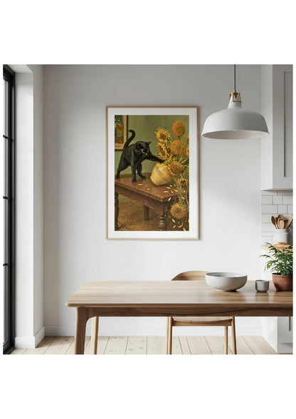 Black Cat Sunflowers Canvas, Van Gogh Style Floral Cat Print