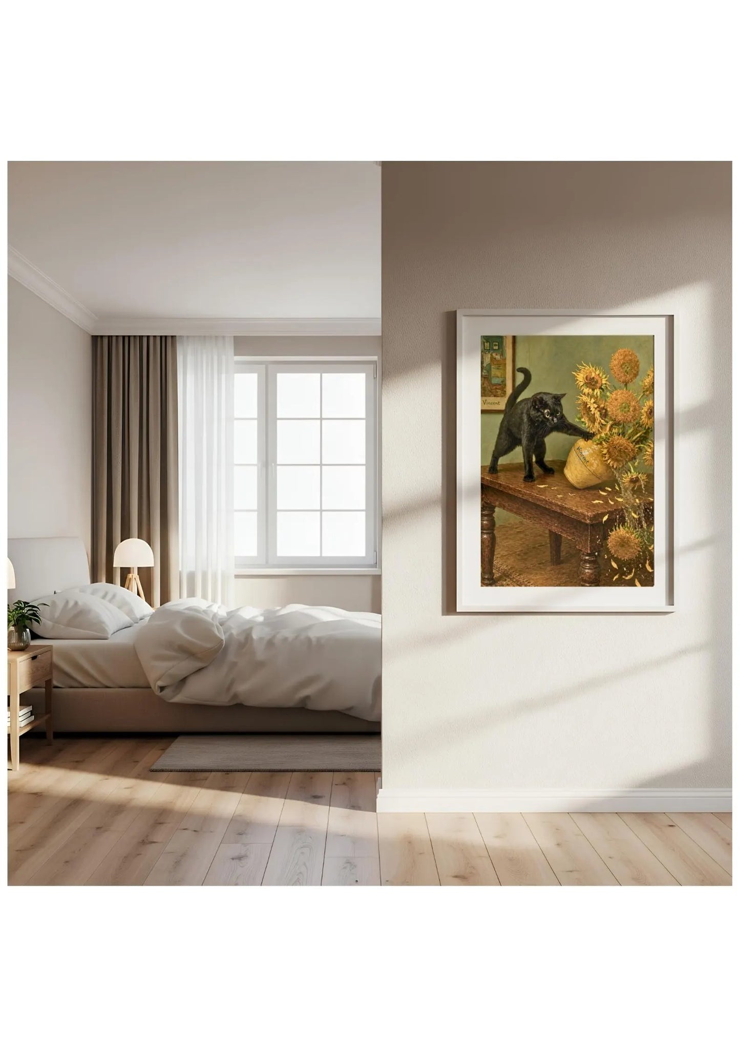 Black Cat Sunflowers Canvas, Van Gogh Style Floral Cat Print
