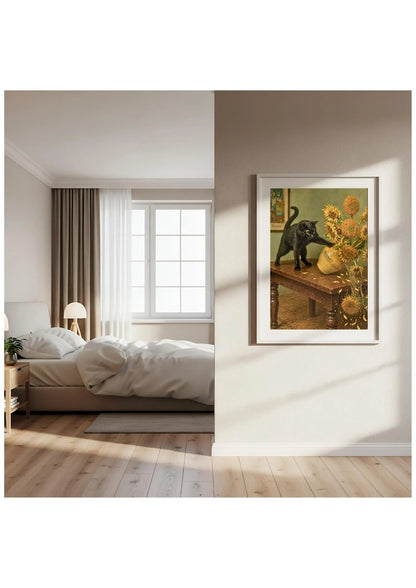 Black Cat Sunflowers Canvas, Van Gogh Style Floral Cat Print