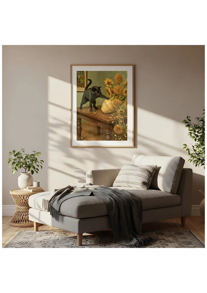 Black Cat Sunflowers Canvas, Van Gogh Style Floral Cat Print