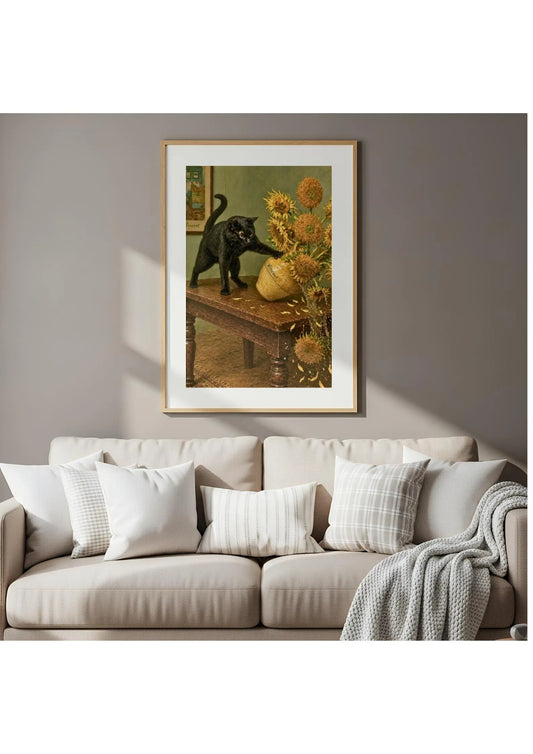 Black Cat Sunflowers Canvas, Van Gogh Style Floral Cat Print