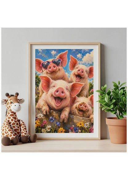 Four Silly Pigs Canvas Wall Art, Whimsical Farm Animal Print